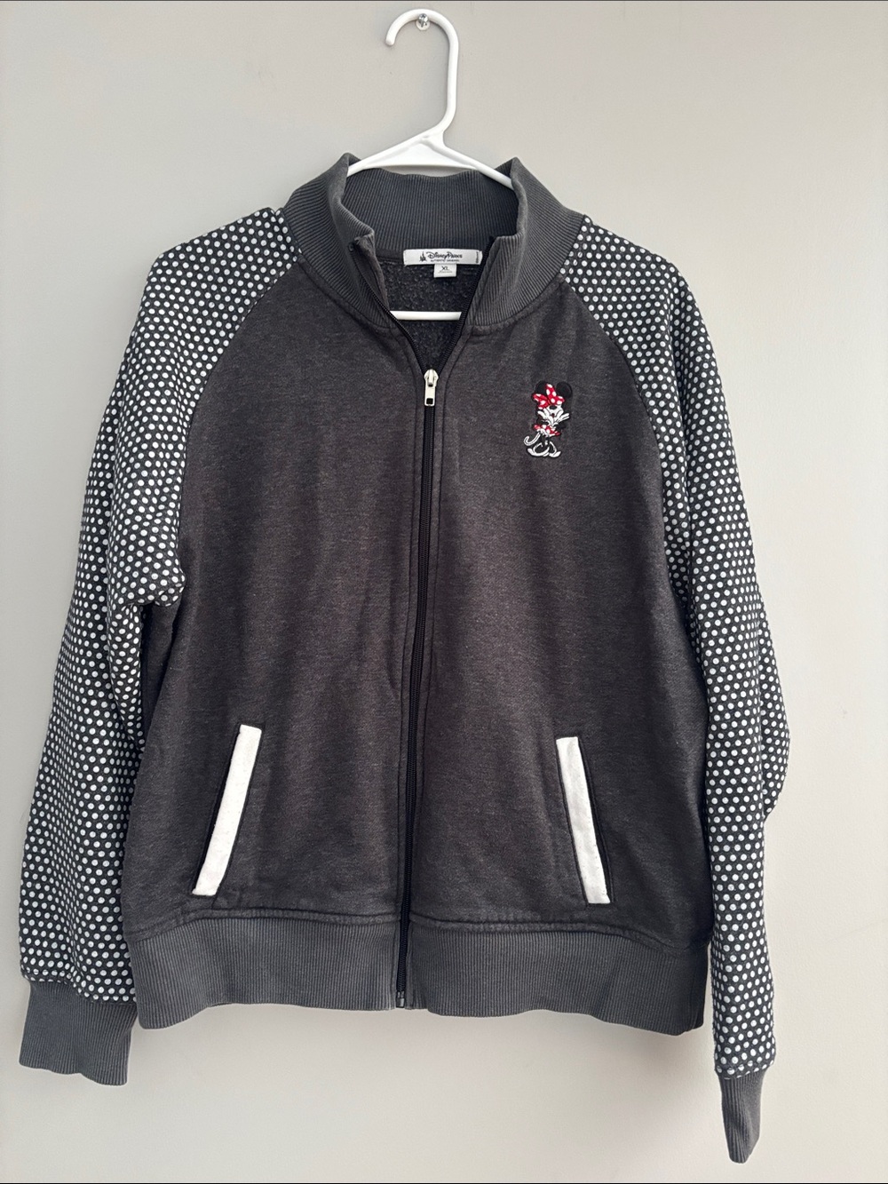 Disney Charcoal Gray Minnie Mouse Zip Jacket with White Polka Dot Sleeves